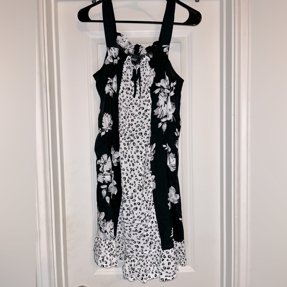 Black and White Floral Print Dress with Cheetah Print Accent Strip